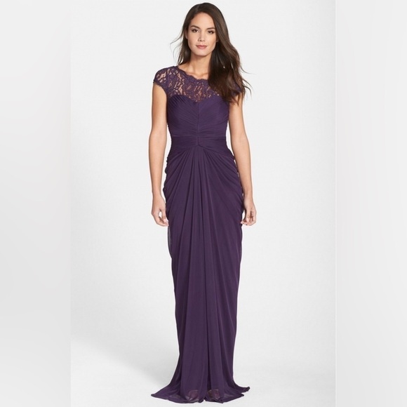 Adrianna Papell Lace Yoke Drape Gown, Purple, Size 8 - Picture 1 of 8